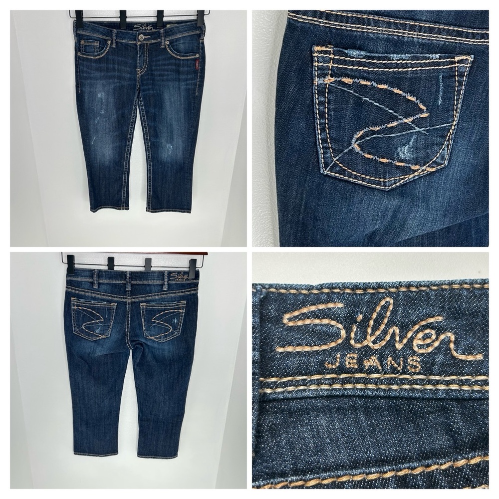 Silver Jeans Aiko Capri Size 31 Thick Stitch Distressed Denim‎ Western 33x21.5